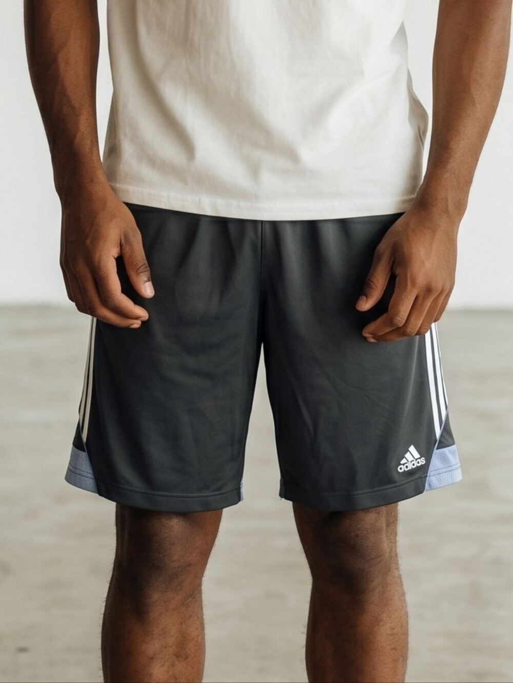 adidas Black Athletic Shorts with White Three-Stripes and Gray Trim
